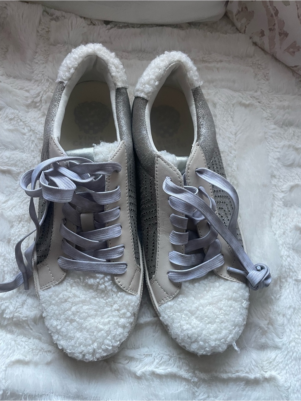 Vince Camuto Grey and White Sherpa-Trim Sneakers